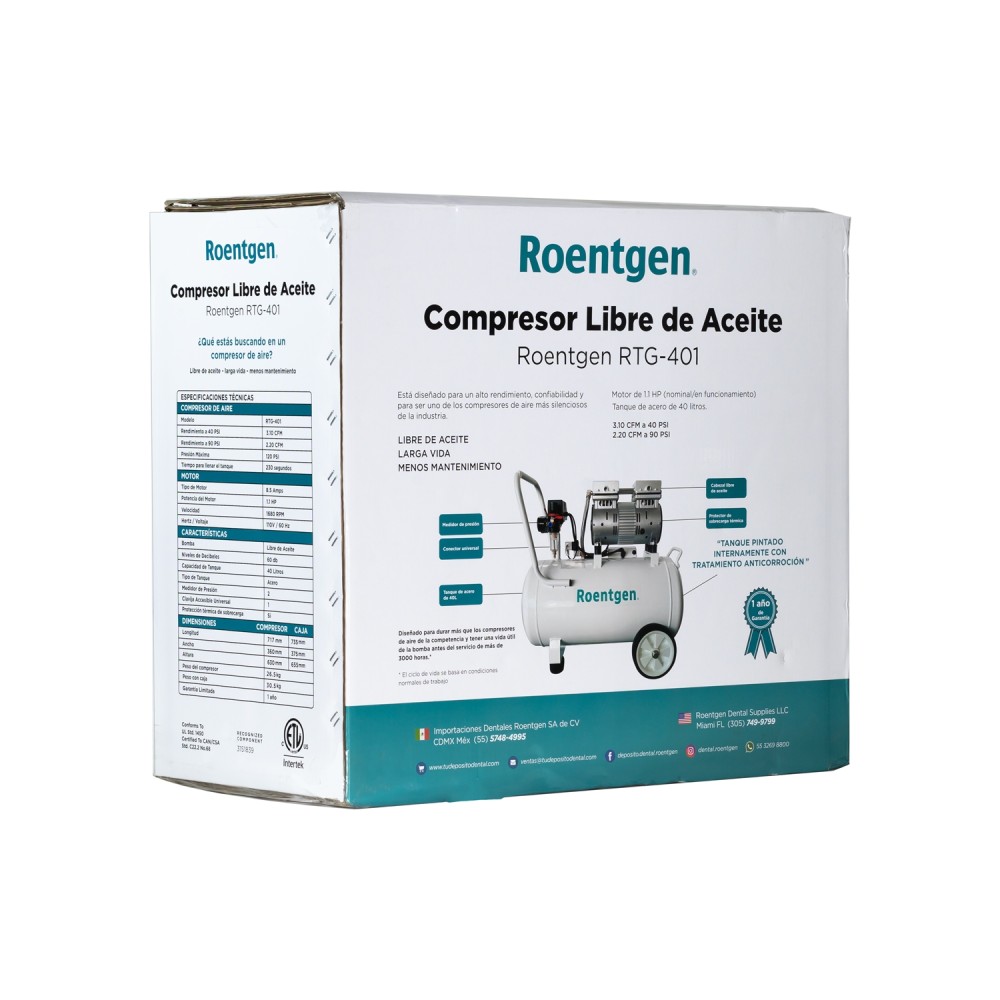 Compresor Libre de Aceite 1.1 HP 40 Lt Roentgen RTG-401 Compresor Libre de Aceite 1.1 HP 40 Lt Roentgen RTG-401