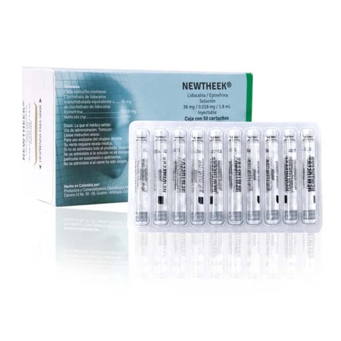 Anestesia Newtheek lidocaina/Epinefrina 2% Caja c/50 Cartuchos Vidrio