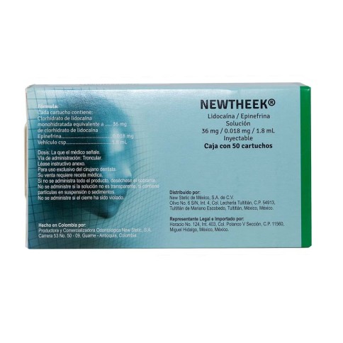Anestesia Newtheek lidocaina/Epinefrina 2% Caja c/50 Cartuchos Vidrio
