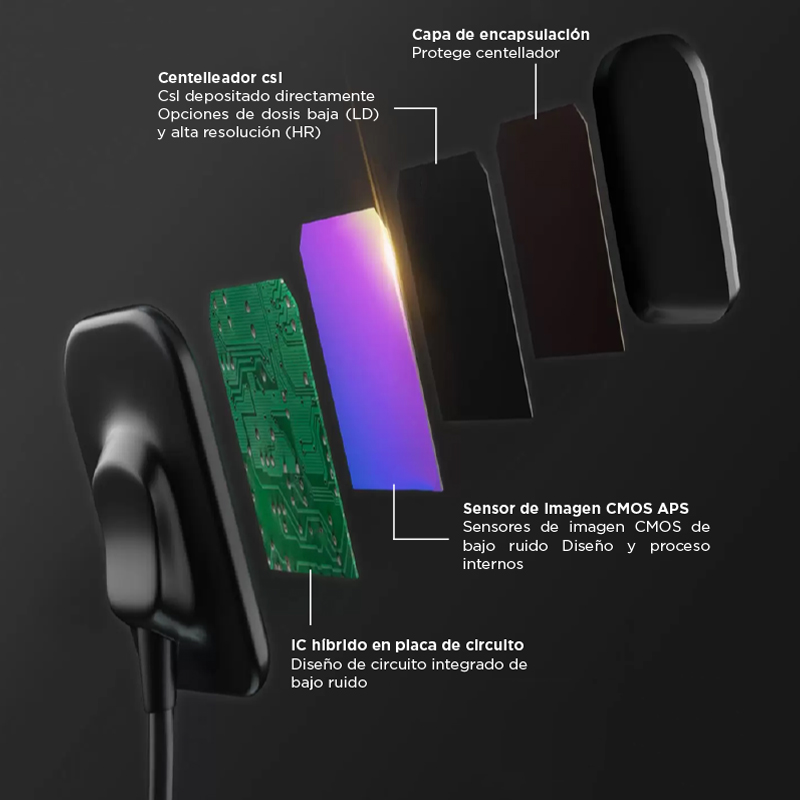 Despiece de la estructura interna del sensor RTG-R Series: centelleador CsI, capa de encapsulación, sensor CMOS APS e IC híbrido en placa de circuito